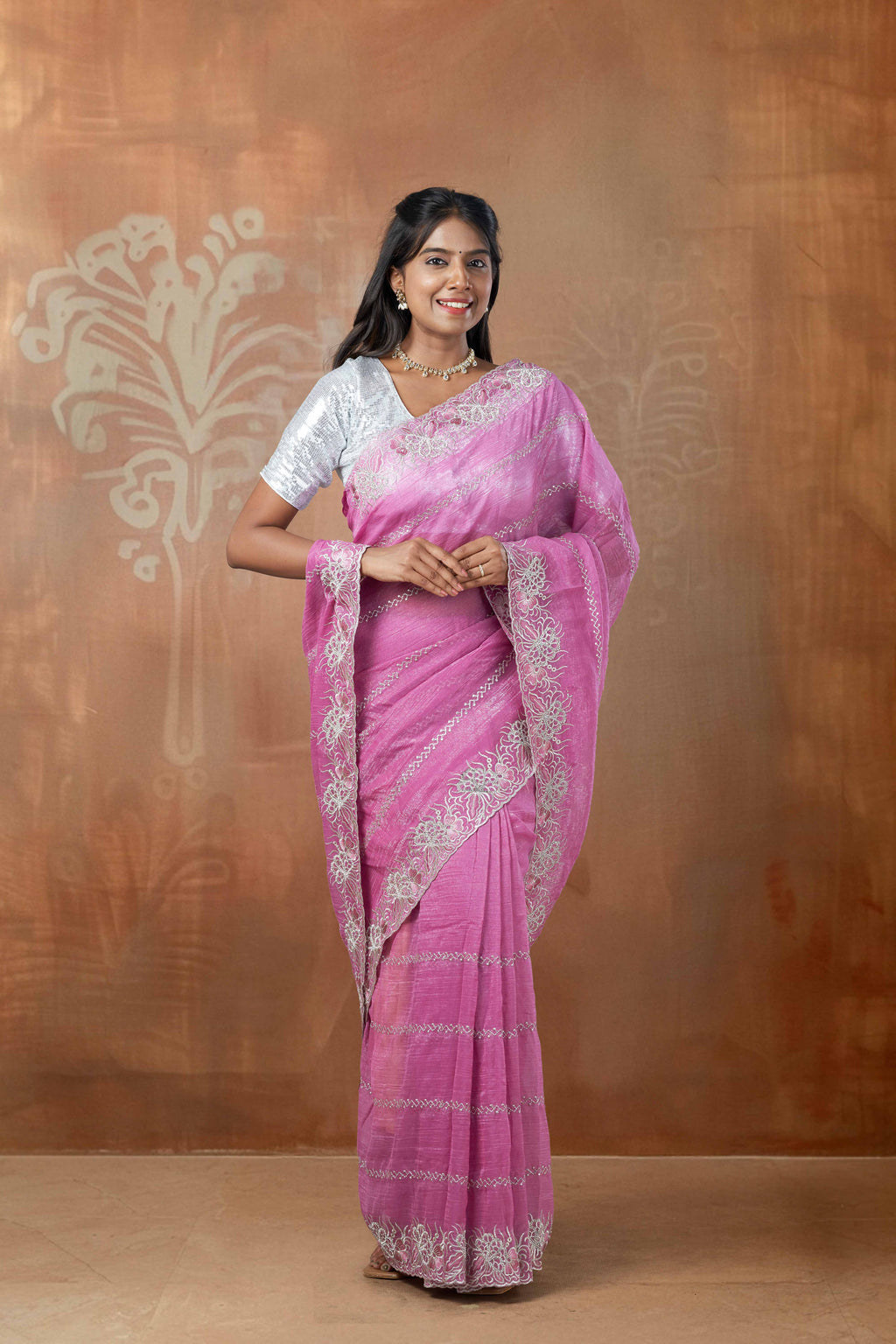 designer fancy saree  silver thread machine  Embroidery With Stone