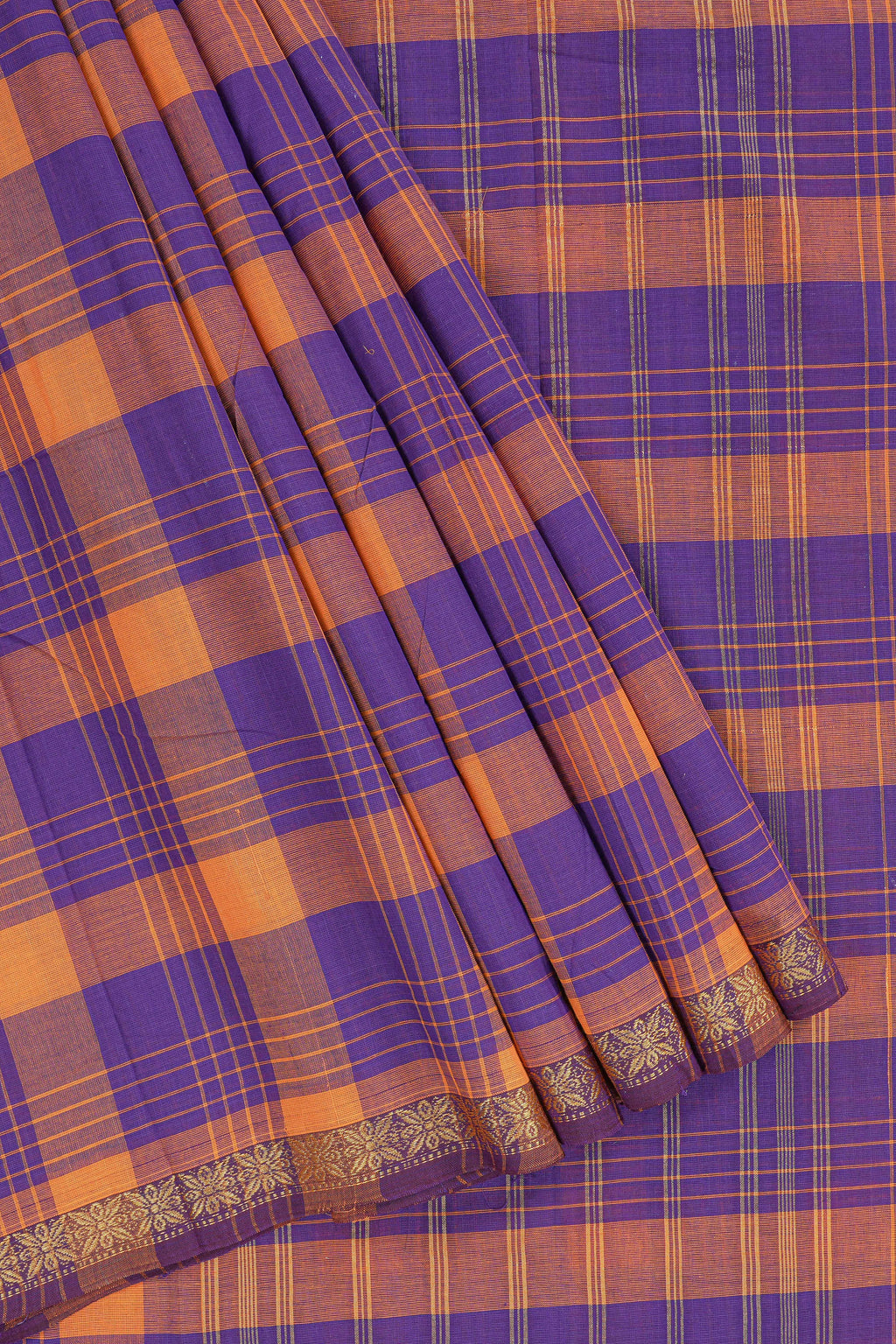 Traditional Purple Madisar Style Nine Yard Saree with checks and traditional zari border and self pallu along with blouse piece