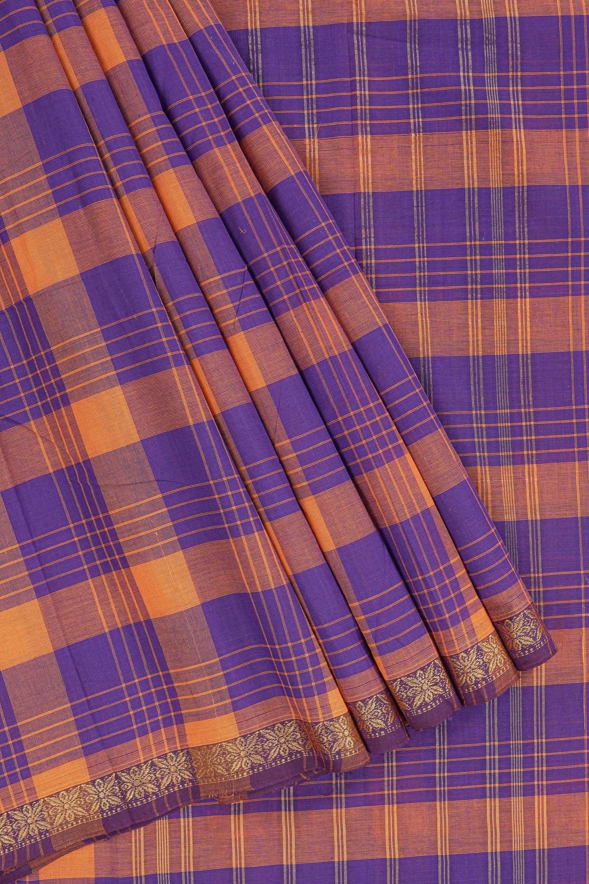 Traditional Purple Madisar Style Nine Yard Saree with checks and traditional zari border and self pallu along with blouse piece