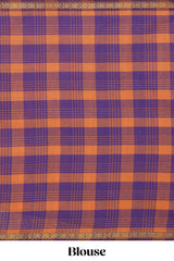 Traditional Purple Madisar Style Nine Yard Saree with checks and traditional zari border and self pallu along with blouse piece