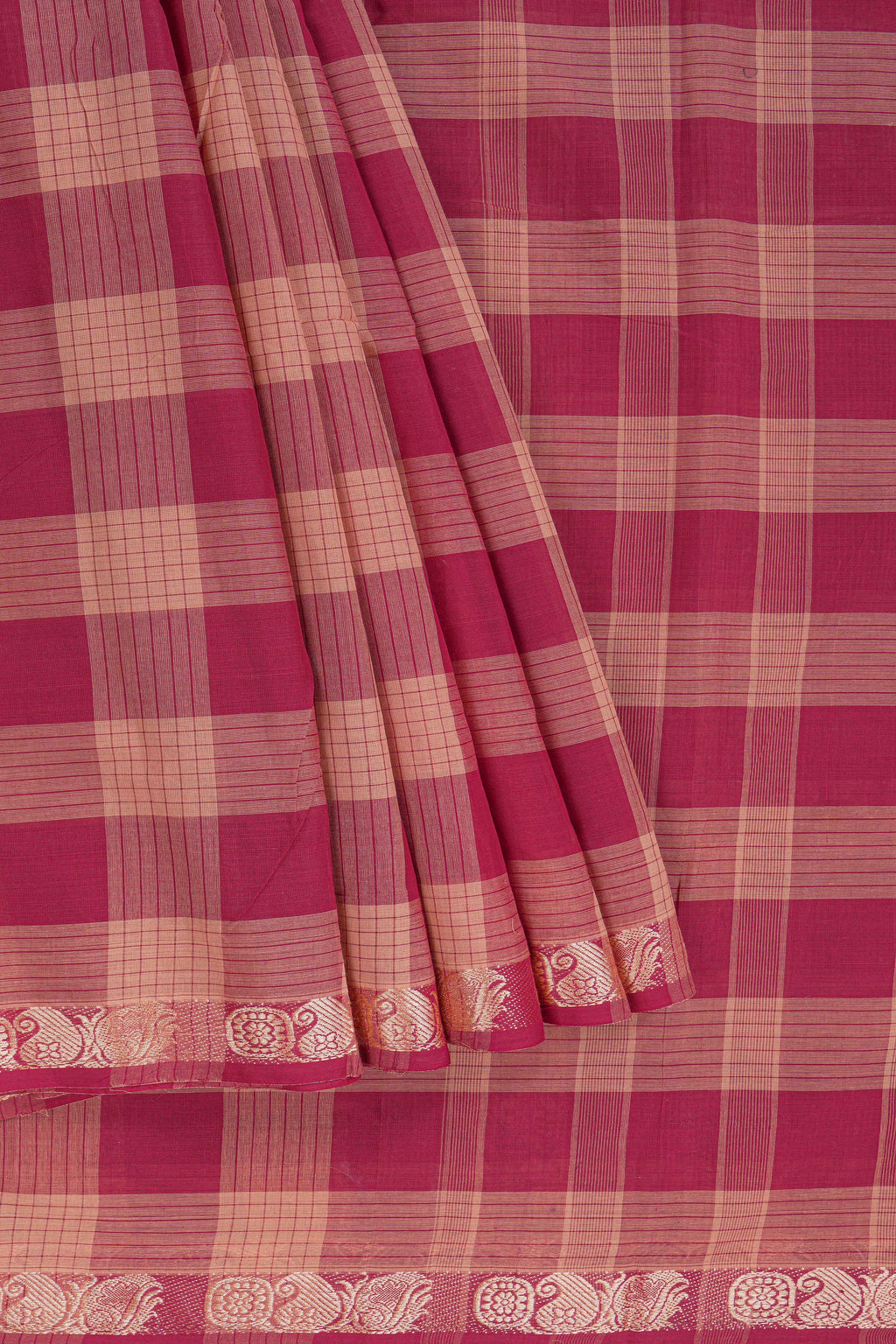 Traditional red Madisar Style Nine Yard Saree with checks and traditional zari motifs border and self pallu along with blouse piece