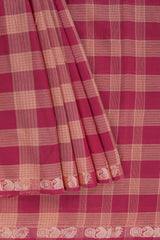 Traditional red Madisar Style Nine Yard Saree with checks and traditional zari motifs border and self pallu along with blouse piece