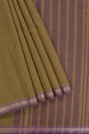 Traditional olive green Madisar Style Nine Yard Saree with checks and traditional thread motifs border and contrast pallu along with blouse piece
