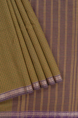 Traditional olive green Madisar Style Nine Yard Saree with checks and traditional thread motifs border and contrast pallu along with blouse piece
