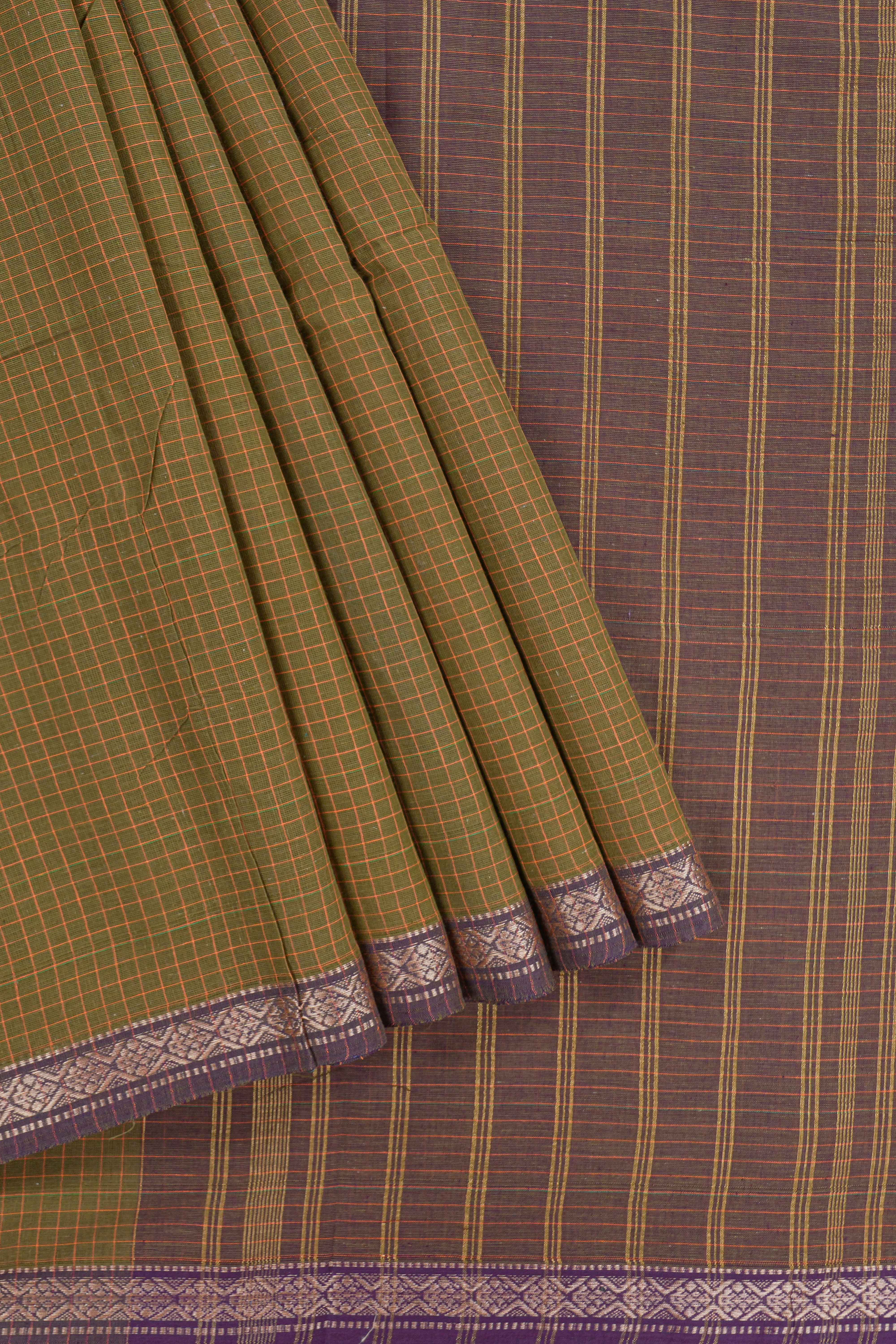 Traditional olive green Madisar Style Nine Yard Saree with checks and traditional thread motifs border and contrast pallu along with blouse piece