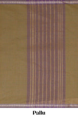 Traditional olive green Madisar Style Nine Yard Saree with checks and traditional thread motifs border and contrast pallu along with blouse piece