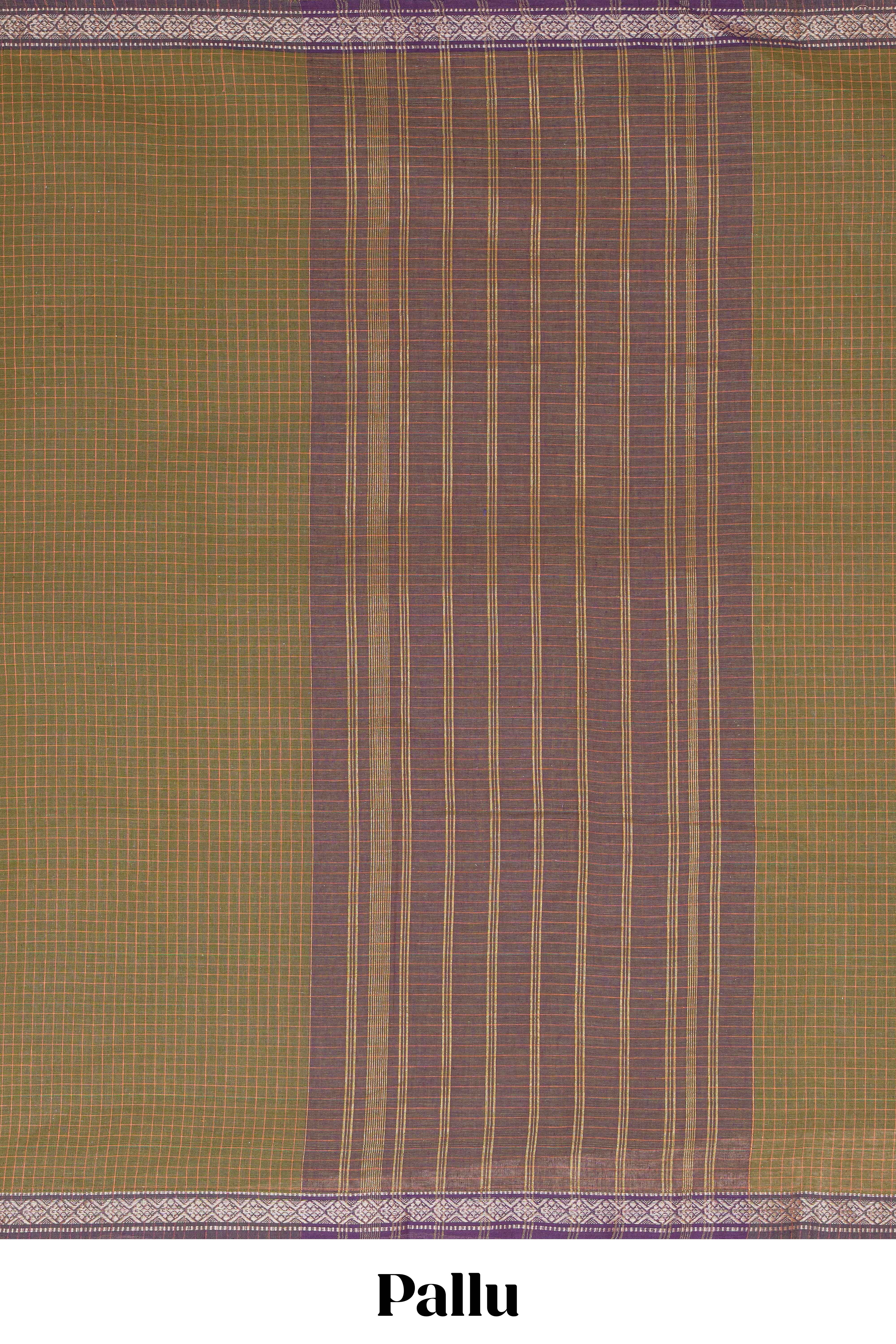 Traditional olive green Madisar Style Nine Yard Saree with checks and traditional thread motifs border and contrast pallu along with blouse piece