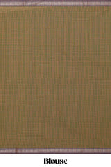 Traditional olive green Madisar Style Nine Yard Saree with checks and traditional thread motifs border and contrast pallu along with blouse piece