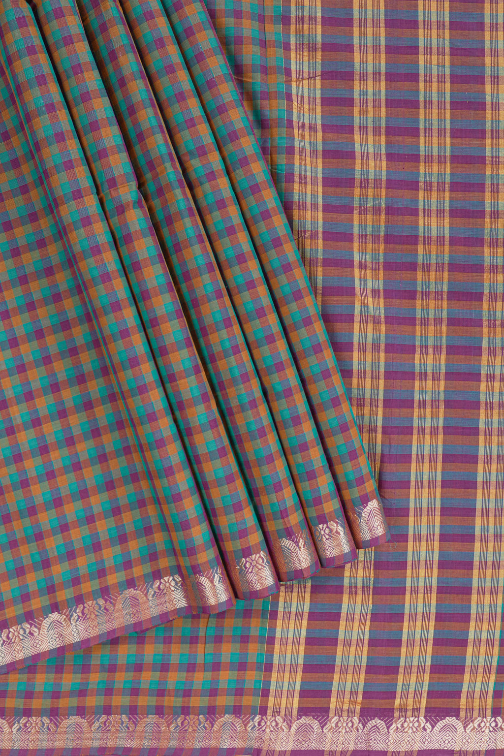 Traditional Multicolor Madisar Style Nine Yard Saree with checks and traditional thread motifs border and contrast pallu along with blouse piece