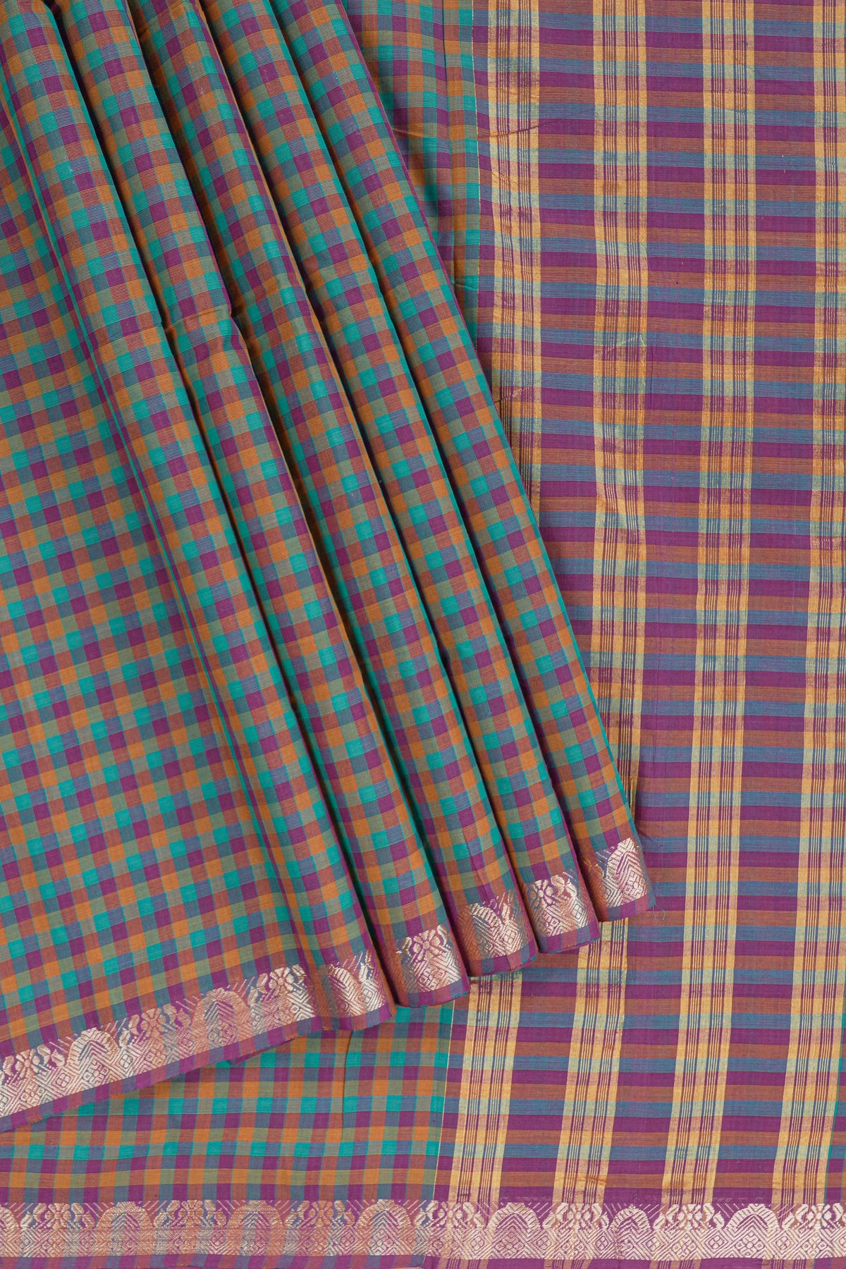 Traditional Multicolor Madisar Style Nine Yard Saree with checks and traditional thread motifs border and contrast pallu along with blouse piece