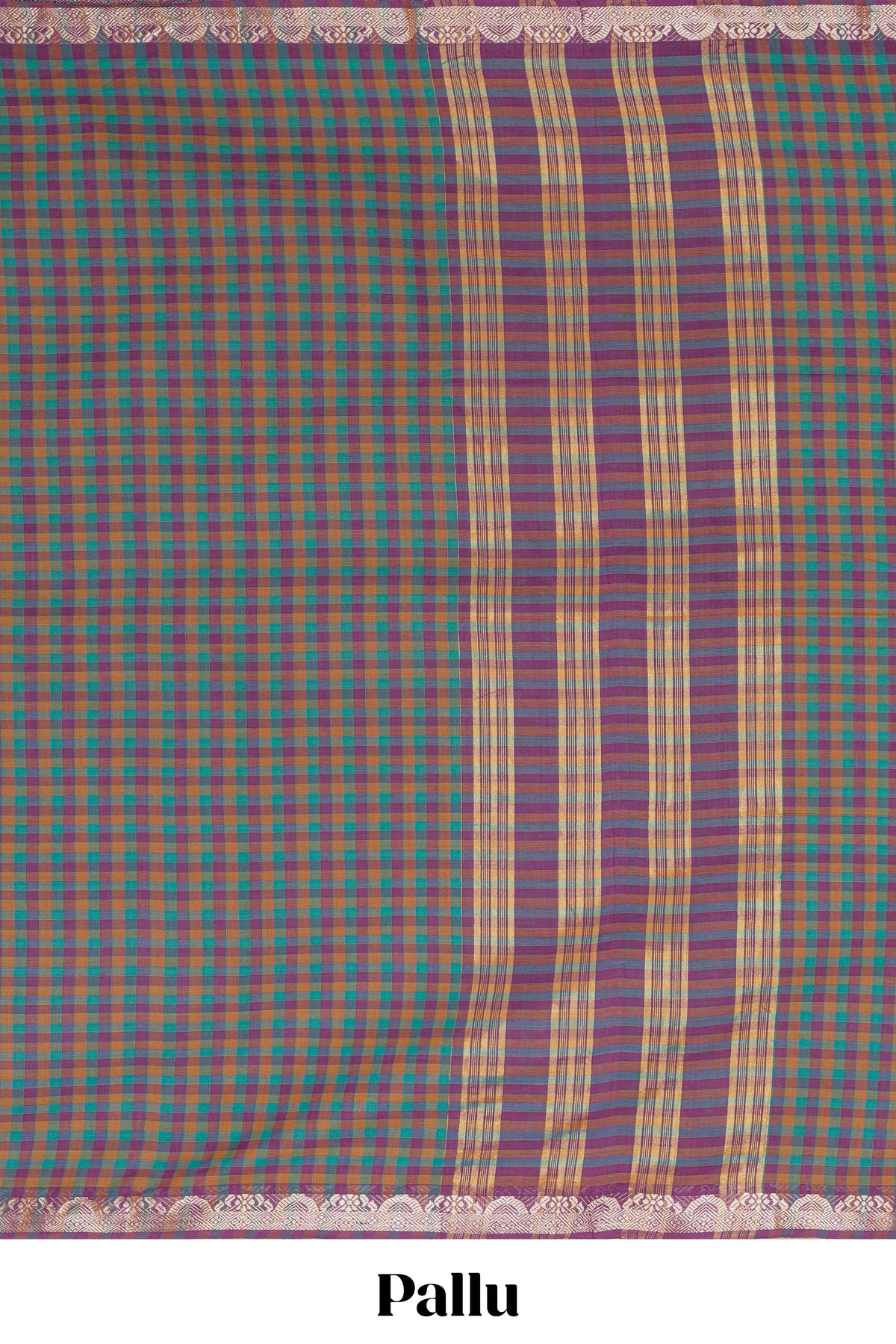 Traditional Multicolor Madisar Style Nine Yard Saree with checks and traditional thread motifs border and contrast pallu along with blouse piece