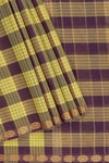 Traditional yellow Madisar Style Nine Yard Saree with checks and traditional thread motifs border and contrast pallu along with blouse piece
