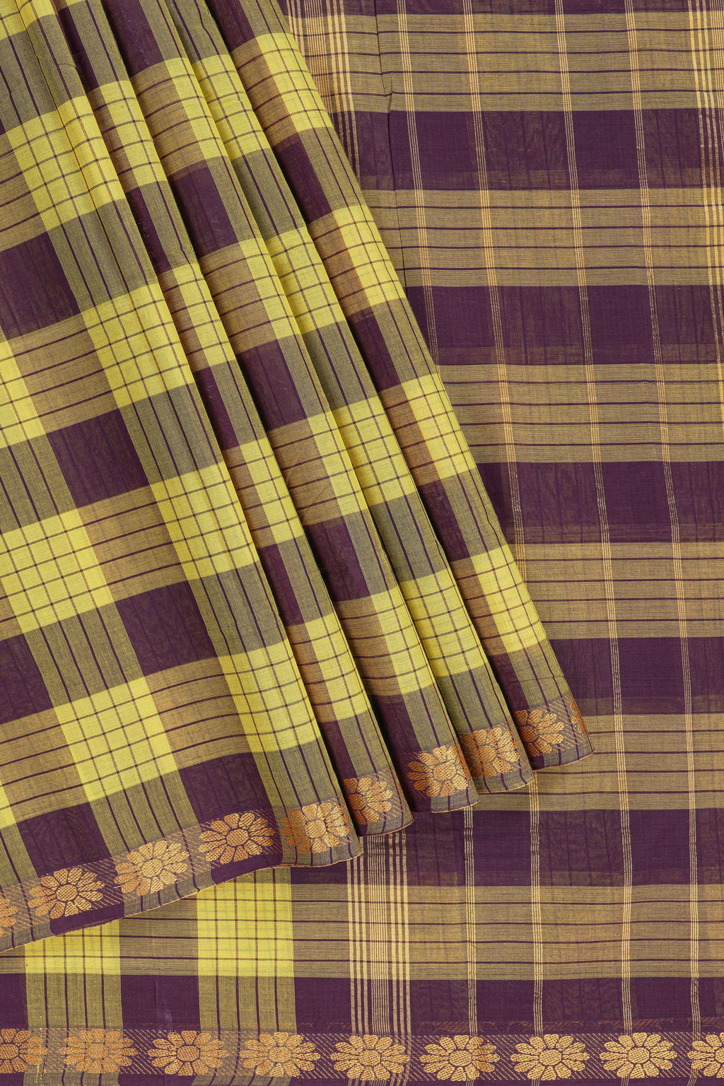 Traditional yellow Madisar Style Nine Yard Saree with checks and traditional thread motifs border and contrast pallu along with blouse piece
