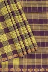 Traditional yellow Madisar Style Nine Yard Saree with checks and traditional thread motifs border and contrast pallu along with blouse piece