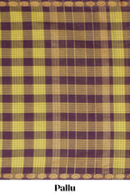 Traditional yellow Madisar Style Nine Yard Saree with checks and traditional thread motifs border and contrast pallu along with blouse piece