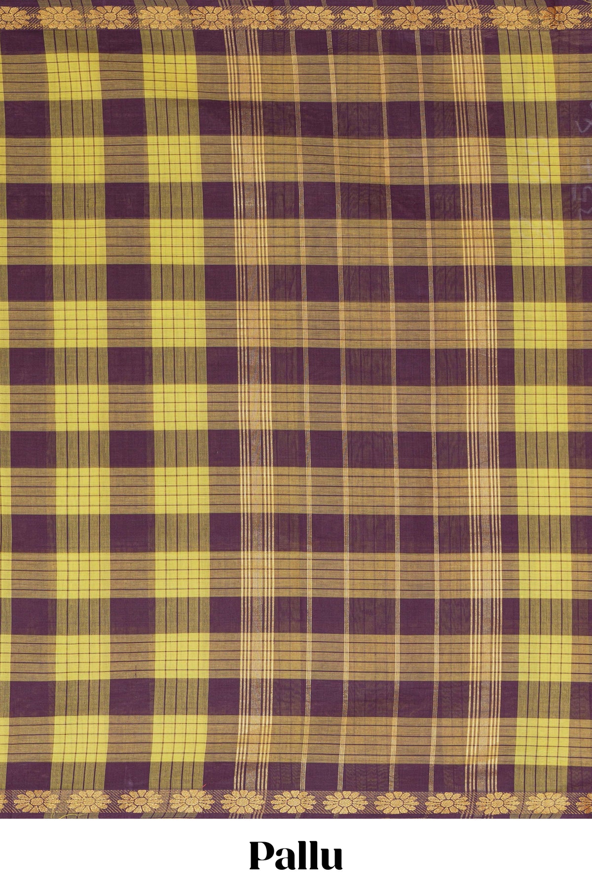Traditional yellow Madisar Style Nine Yard Saree with checks and traditional thread motifs border and contrast pallu along with blouse piece