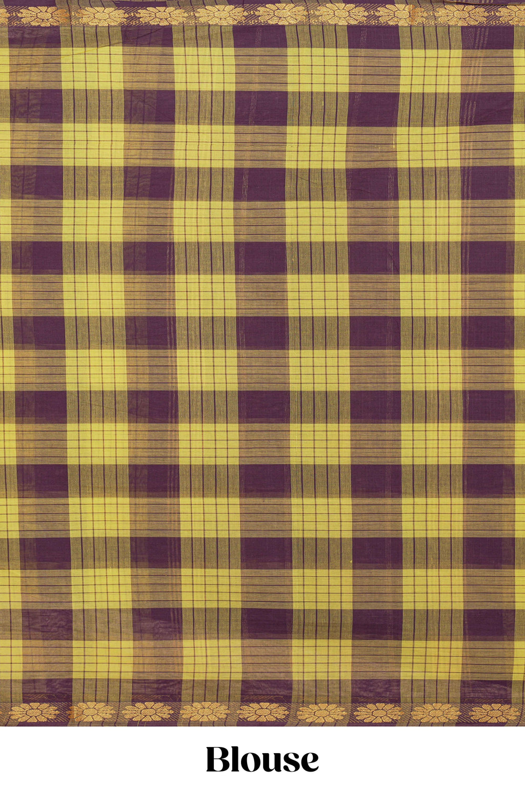 Traditional yellow Madisar Style Nine Yard Saree with checks and traditional thread motifs border and contrast pallu along with blouse piece