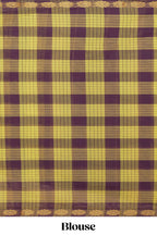Traditional yellow Madisar Style Nine Yard Saree with checks and traditional thread motifs border and contrast pallu along with blouse piece