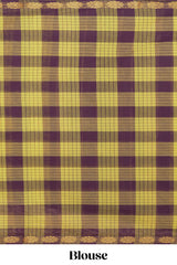 Traditional yellow Madisar Style Nine Yard Saree with checks and traditional thread motifs border and contrast pallu along with blouse piece