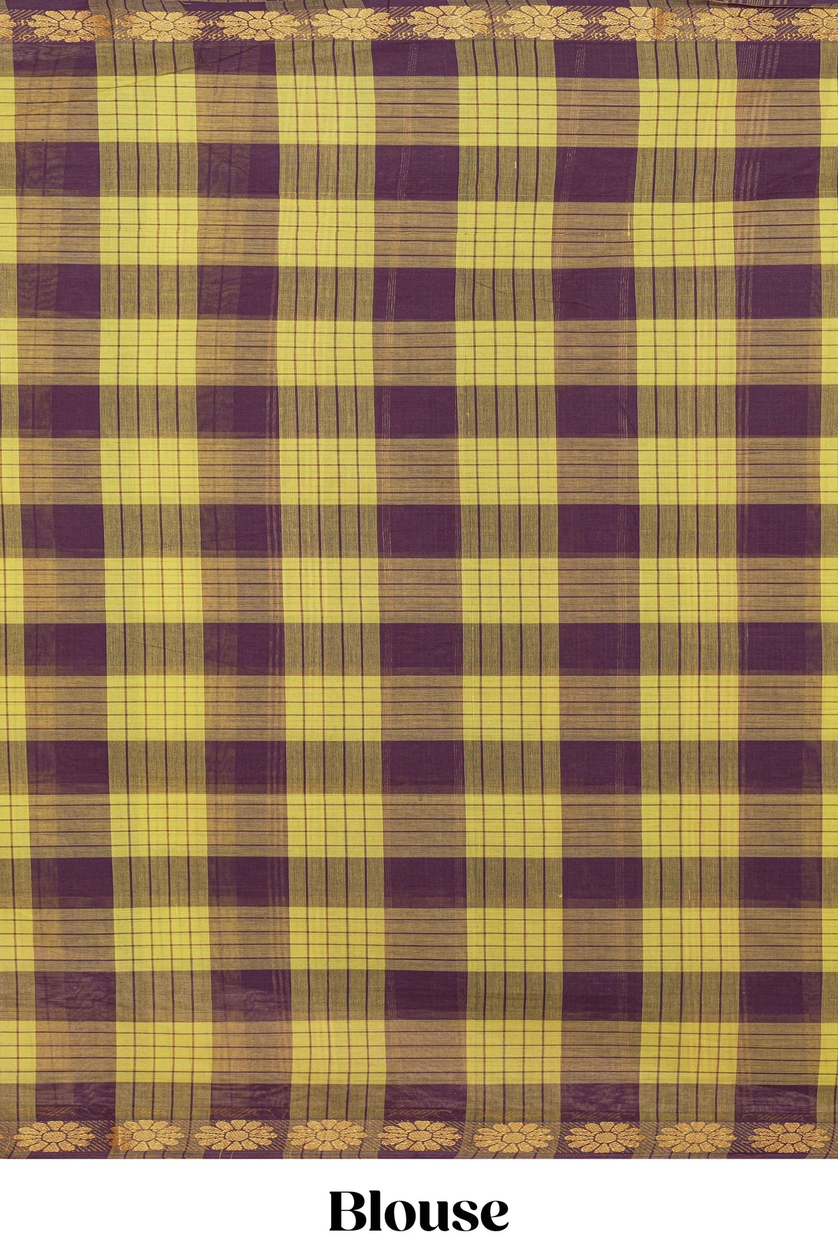 Traditional yellow Madisar Style Nine Yard Saree with checks and traditional thread motifs border and contrast pallu along with blouse piece