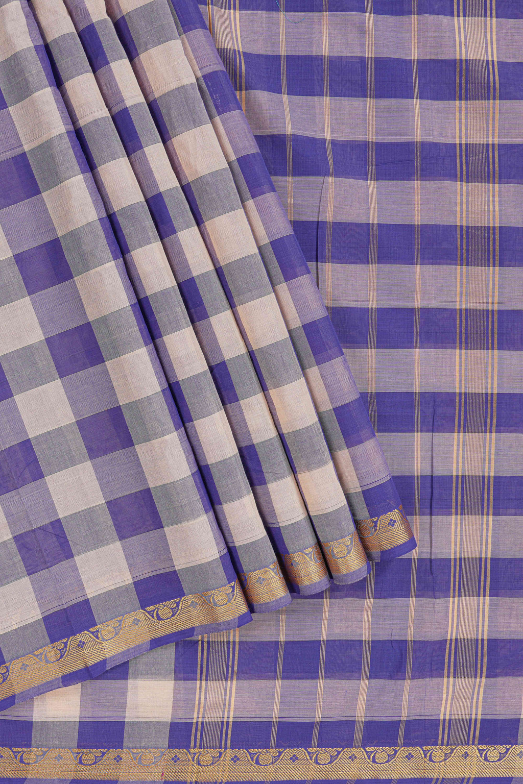 Traditional purple  Madisar Style Nine Yard Saree with checks and traditional thread motifs border and contrast pallu along with blouse piece