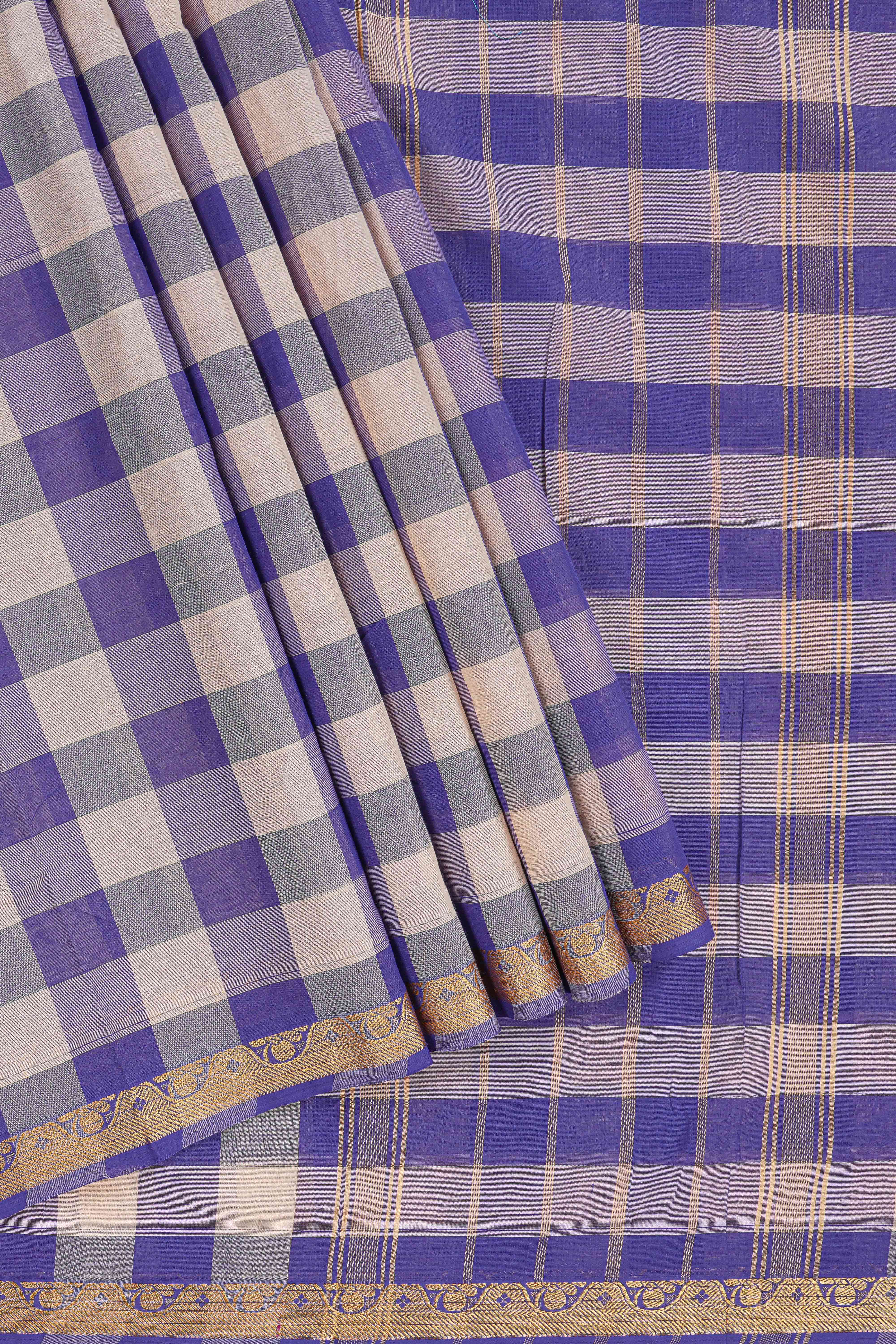 Traditional purpleMadisar Style Nine Yard Saree with checks and traditional thread motifs border and contrast pallu along with blouse piece