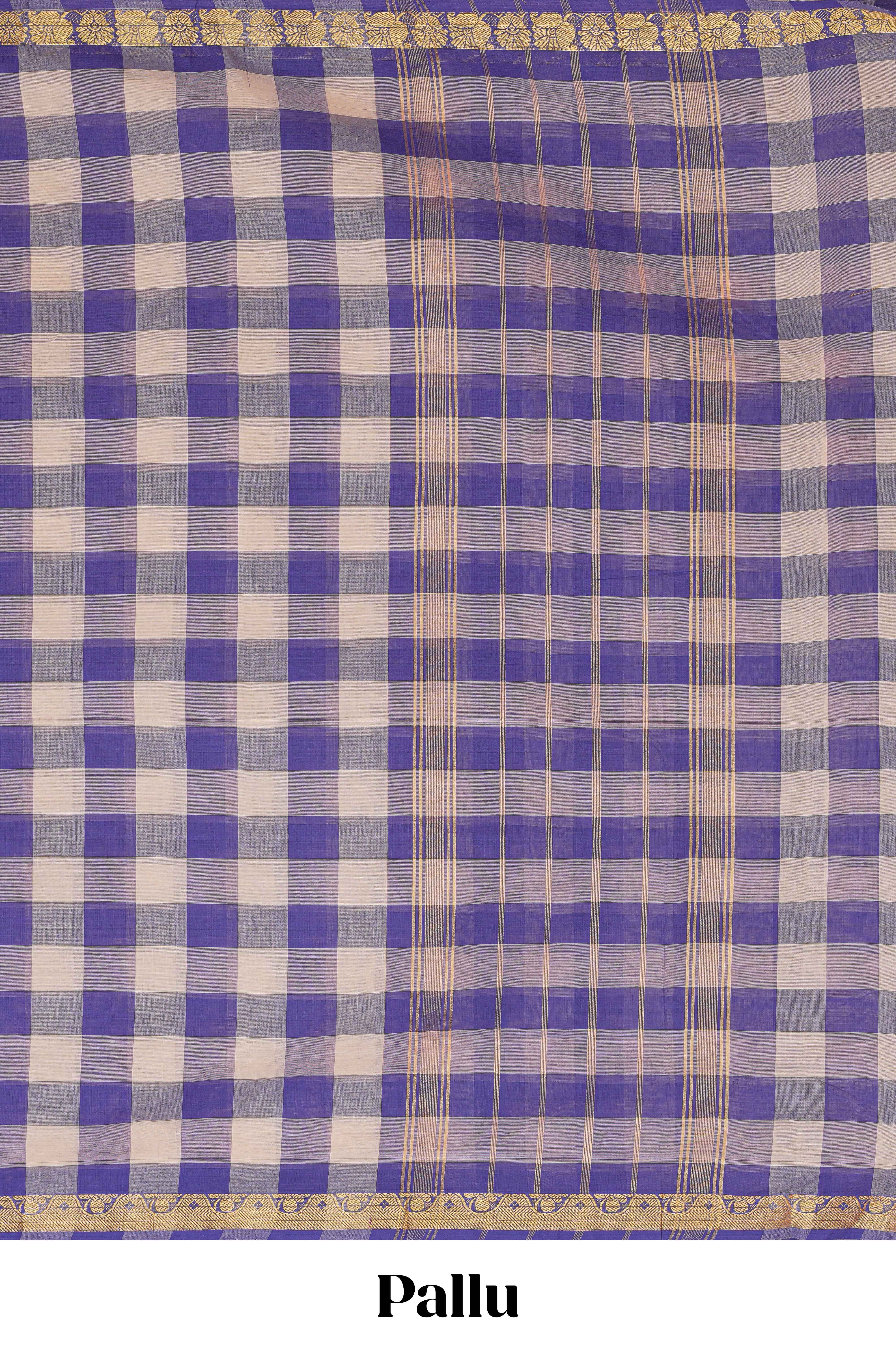 Traditional purpleMadisar Style Nine Yard Saree with checks and traditional thread motifs border and contrast pallu along with blouse piece