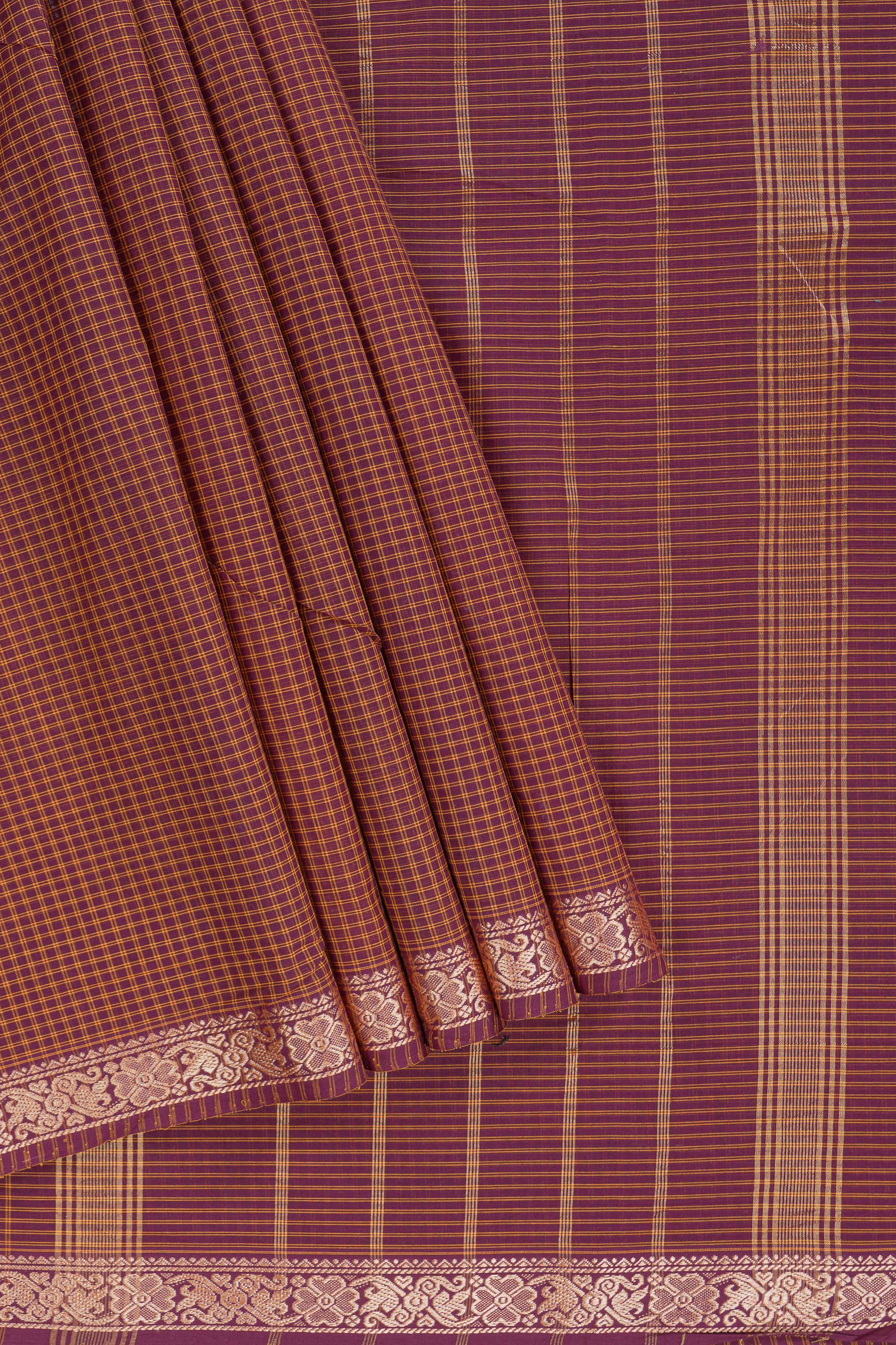 Traditional Brown Madisar Style Nine Yard Saree with checks and traditional thread motifs border and contrast pallu along with blouse piece