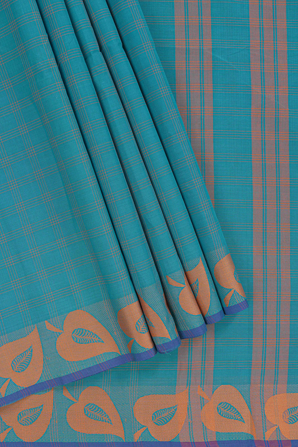 Traditional Peacock blue  Madisar Style Nine Yard Saree with  checks and traditional thread leaves motifs border and self pallu along with blouse piece