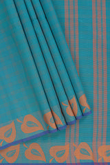 Traditional Peacock blueMadisar Style Nine Yard Saree withchecks and traditional thread leaves motifs border and self pallu along with blouse piece