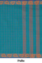 Traditional Peacock blue  Madisar Style Nine Yard Saree with  checks and traditional thread leaves motifs border and self pallu along with blouse piece