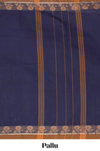 Traditional navy blue  Madisar Style Nine Yard Saree with  plain body and traditional thread motifs border and self pallu along with blouse piece