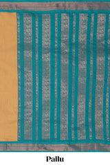 Traditional mustard yellow Madisar Style Nine Yard Saree with checks and traditional thread motifs border and contrast pallu along with blouse piece
