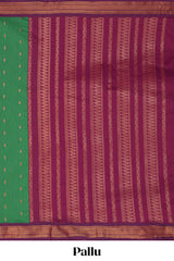 Traditional Green Madisar Style Nine Yard Saree with buttas and traditional thread motifs border and contrast pallu along with blouse piece