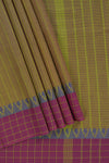 Traditional olive green colour Madisar Style Nine Yard Saree with checks and contrast border and self pallu along with blouse piece