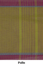 Traditional olive green colour Madisar Style Nine Yard Saree with checks and contrast border and self pallu along with blouse piece