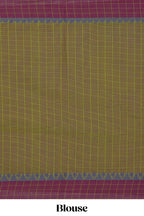 Traditional olive green colour Madisar Style Nine Yard Saree with checks and contrast border and self pallu along with blouse piece