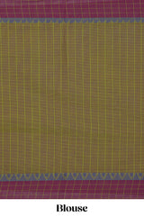 Traditional olive green colour Madisar Style Nine Yard Saree with checks and contrast border and self pallu along with blouse piece