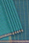 Traditional peacock blue colour Madisar Style Nine Yard Saree with checks and contrast border and self pallu along with blouse piece