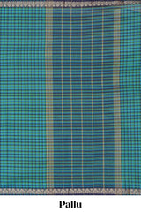 Traditional peacock blue colour Madisar Style Nine Yard Saree with checks and contrast border and self pallu along with blouse piece