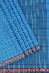 Traditional blue colour Madisar Style Nine Yard Saree with checks and contrast border and Contrast pallu along with blouse piece