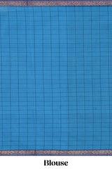 Traditional blue colour Madisar Style Nine Yard Saree with checks and contrast border and Contrast pallu along with blouse piece