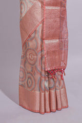 Peach Shade Geometric Design organza saree with Zari border and matching floral motifs blouse