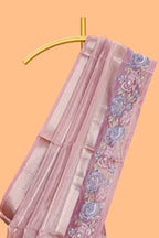 Peach striped design organza saree with floral design border and matching plain blouse