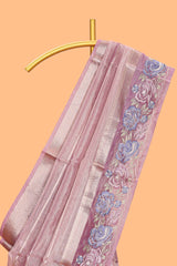 Peach striped design organza saree with floral design border and matching plain blouse
