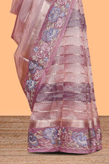 Peach striped design organza saree with floral design border and matching plain blouse