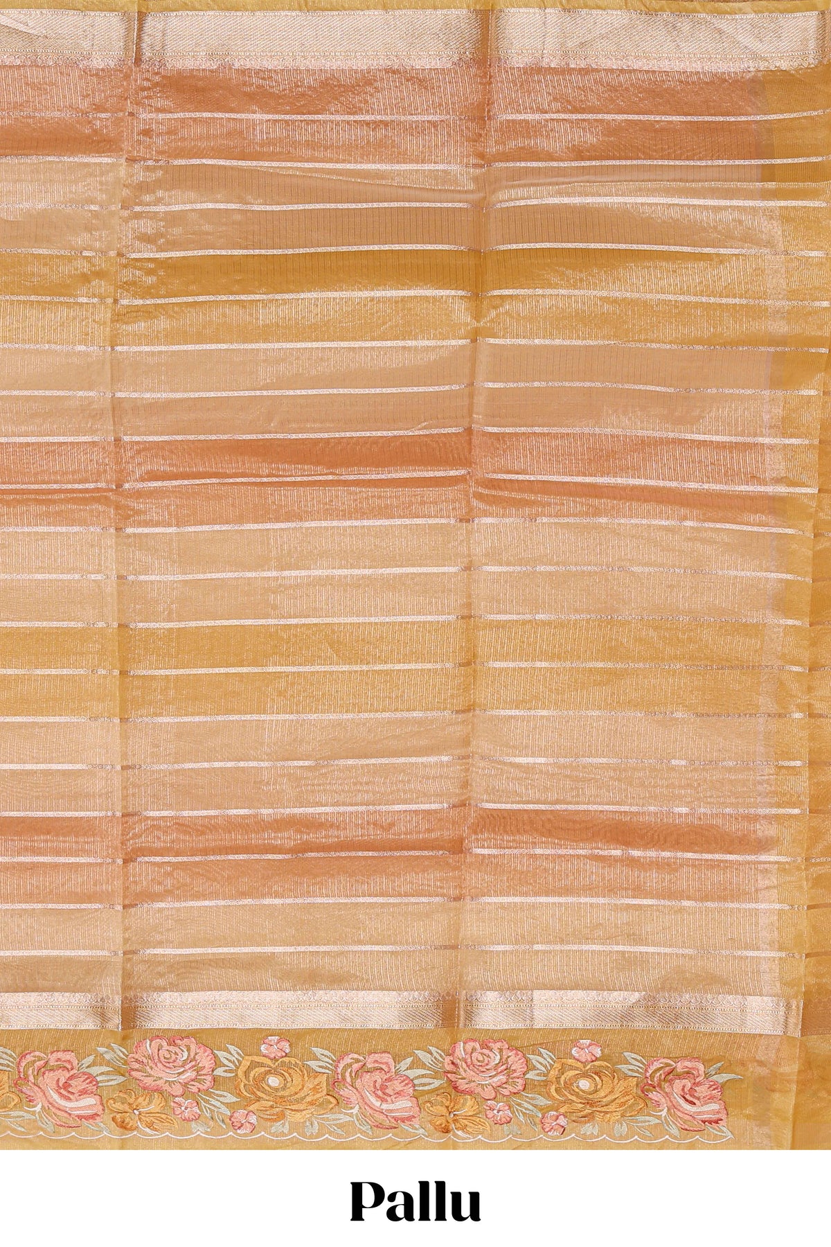 Peach gold striped art tissue saree with floral embroidered border and striped pallu