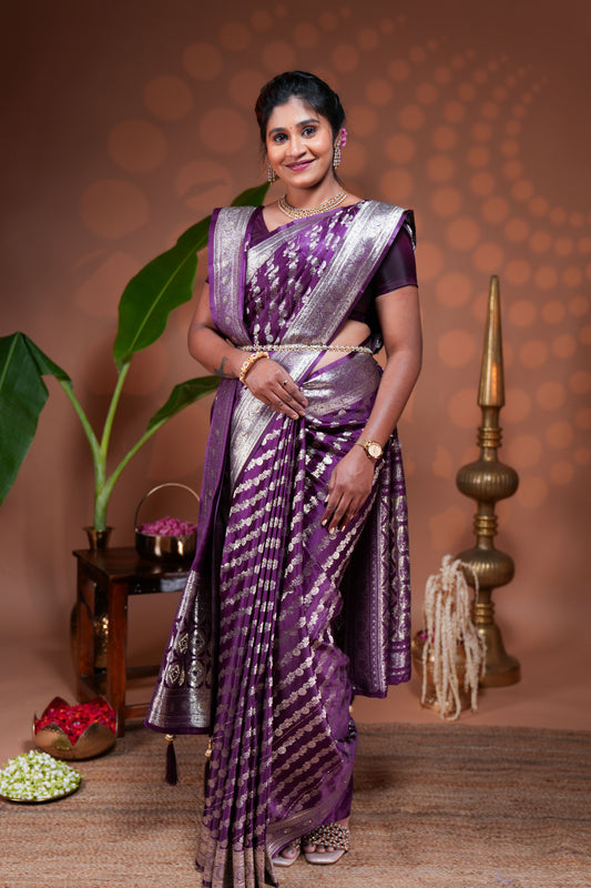 Purple floral vine stone work banarasi silk saree with self zari border and matching blouse