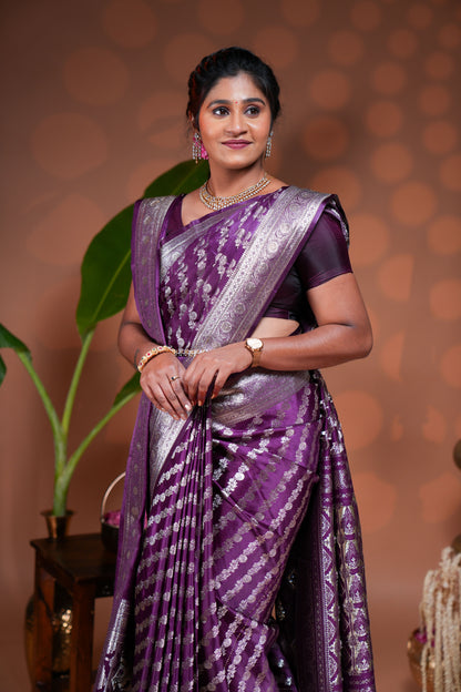 Purple floral vine stone work banarasi silk saree with self zari border and matching blouse