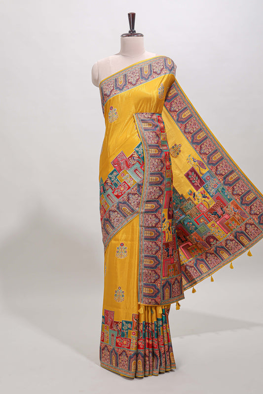 Yellow floral design motifs banarasi silk saree with contrast floral print border and matching blouse